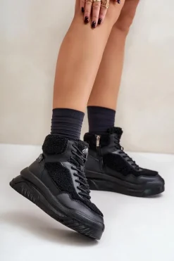 Hot Sneakersy Damskie Na Platformie Z Futerkiem Typu Baranek LCJ-24-47-3145 Czarne Damskie Buty Sportowe Na Platformie|Sneakersy Damskie