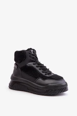 Hot Sneakersy Damskie Na Platformie Z Futerkiem Typu Baranek LCJ-24-47-3145 Czarne Damskie Buty Sportowe Na Platformie|Sneakersy Damskie