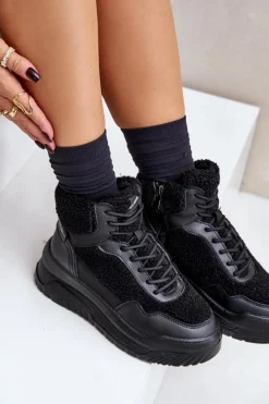 Hot Sneakersy Damskie Na Platformie Z Futerkiem Typu Baranek LCJ-24-47-3145 Czarne Damskie Buty Sportowe Na Platformie|Sneakersy Damskie