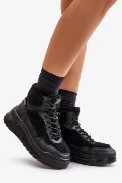 Hot Sneakersy Damskie Na Platformie Z Futerkiem Typu Baranek LCJ-24-47-3145 Czarne Damskie Buty Sportowe Na Platformie|Sneakersy Damskie