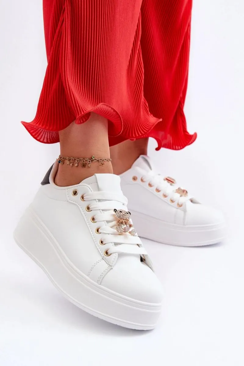 Outlet Boto Sneakersy Damskie Na Platformie Z Misiem Białe Moanda