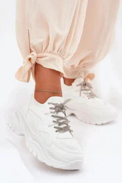 Sneakersy Damskie>Boto Sneakersy Damskie Na Platformie Ozdobnym Sznurowaniem Białe Evalianne