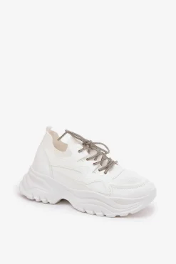 Sneakersy Damskie></noscript>Boto Sneakersy Damskie Na Platformie Ozdobnym Sznurowaniem Białe Evalianne