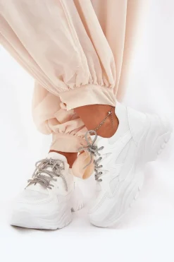 Sneakersy Damskie></noscript>Boto Sneakersy Damskie Na Platformie Ozdobnym Sznurowaniem Białe Evalianne