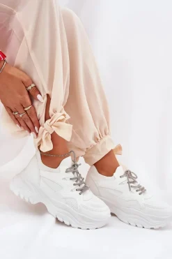 Sneakersy Damskie></noscript>Boto Sneakersy Damskie Na Platformie Ozdobnym Sznurowaniem Białe Evalianne