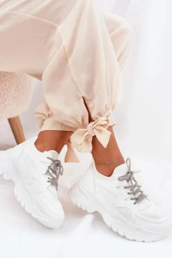 Sneakersy Damskie></noscript>Boto Sneakersy Damskie Na Platformie Ozdobnym Sznurowaniem Białe Evalianne