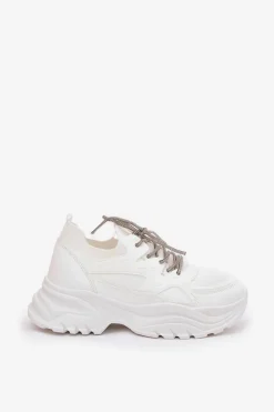 Sneakersy Damskie></noscript>Boto Sneakersy Damskie Na Platformie Ozdobnym Sznurowaniem Białe Evalianne