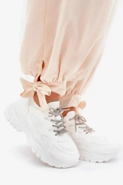 Sneakersy Damskie></noscript>Boto Sneakersy Damskie Na Platformie Ozdobnym Sznurowaniem Białe Evalianne