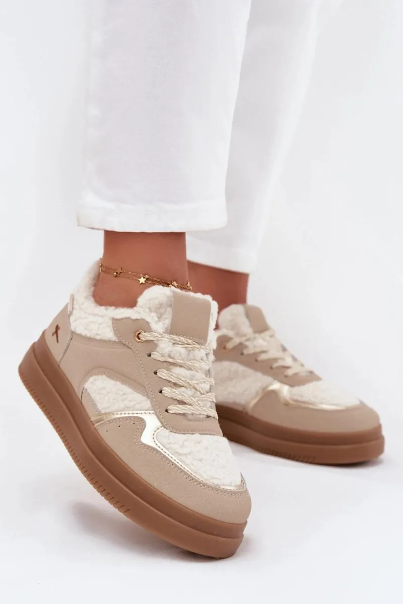 Buty Sportowe Na Platformie|Sneakersy Damskie>Boto Sneakersy Damskie Na Platformie Z Futerkiem Typu Baranek Beżowe Frelina