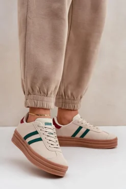 Online Boto Sneakersy Damskie Na Platformie Beżowo-Zielone Egelia