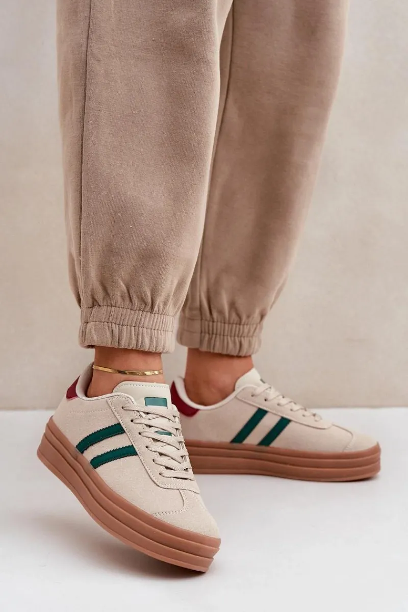 Online Boto Sneakersy Damskie Na Platformie Beżowo-Zielone Egelia