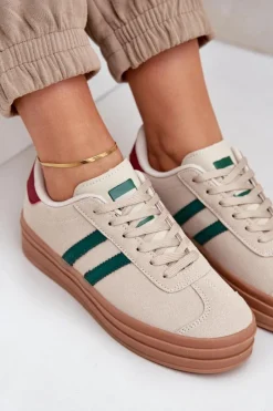 Online Boto Sneakersy Damskie Na Platformie Beżowo-Zielone Egelia