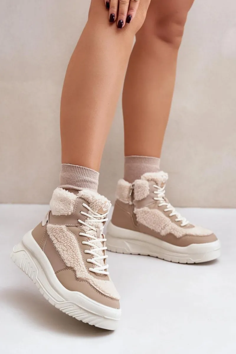 Best Lee Cooper Sneakersy Damskie Na Platformie Z Futerkiem Typu Baranek LCJ-24-47-3146 Beżowe