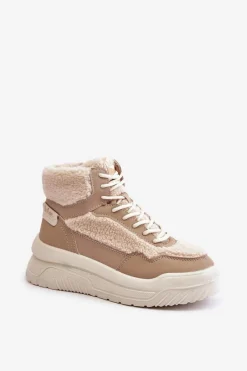 Best Lee Cooper Sneakersy Damskie Na Platformie Z Futerkiem Typu Baranek LCJ-24-47-3146 Beżowe
