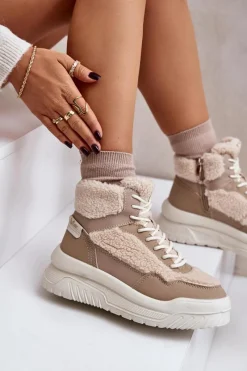 Best Lee Cooper Sneakersy Damskie Na Platformie Z Futerkiem Typu Baranek LCJ-24-47-3146 Beżowe