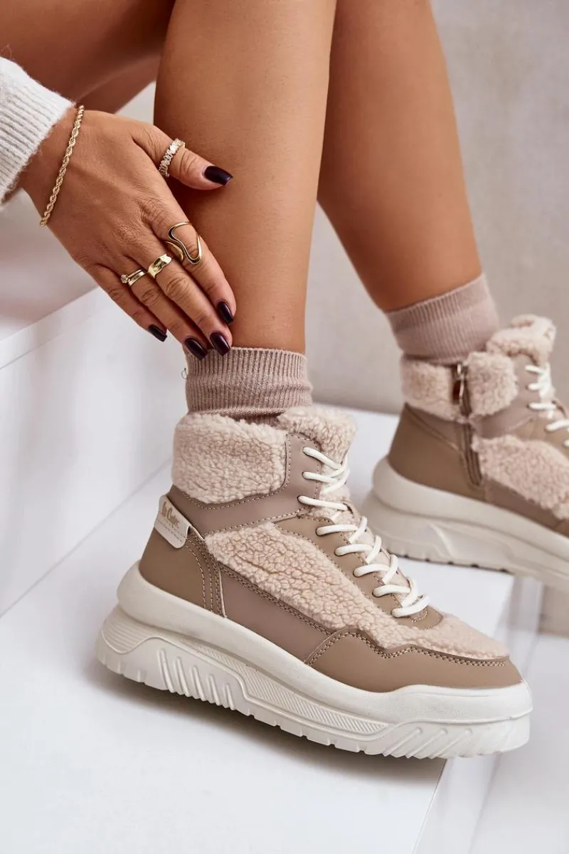 Best Lee Cooper Sneakersy Damskie Na Platformie Z Futerkiem Typu Baranek LCJ-24-47-3146 Beżowe