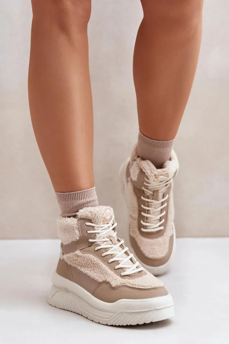 Best Lee Cooper Sneakersy Damskie Na Platformie Z Futerkiem Typu Baranek LCJ-24-47-3146 Beżowe