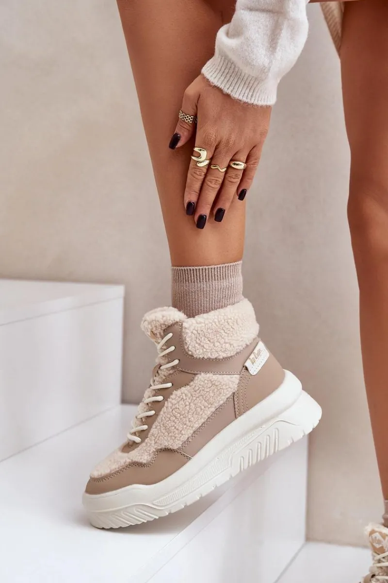 Best Lee Cooper Sneakersy Damskie Na Platformie Z Futerkiem Typu Baranek LCJ-24-47-3146 Beżowe
