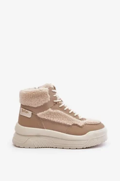 Best Lee Cooper Sneakersy Damskie Na Platformie Z Futerkiem Typu Baranek LCJ-24-47-3146 Beżowe