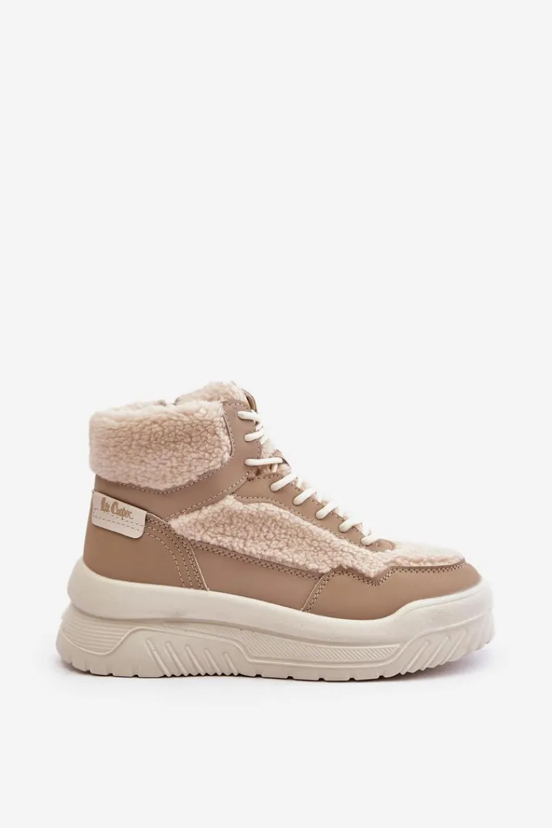 Best Lee Cooper Sneakersy Damskie Na Platformie Z Futerkiem Typu Baranek LCJ-24-47-3146 Beżowe