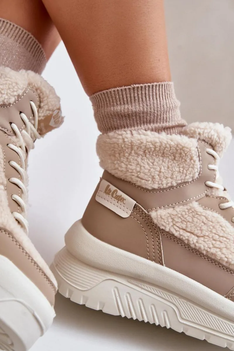 Best Lee Cooper Sneakersy Damskie Na Platformie Z Futerkiem Typu Baranek LCJ-24-47-3146 Beżowe