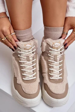 Best Lee Cooper Sneakersy Damskie Na Platformie Z Futerkiem Typu Baranek LCJ-24-47-3146 Beżowe