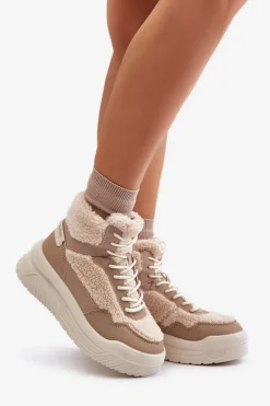 Best Lee Cooper Sneakersy Damskie Na Platformie Z Futerkiem Typu Baranek LCJ-24-47-3146 Beżowe