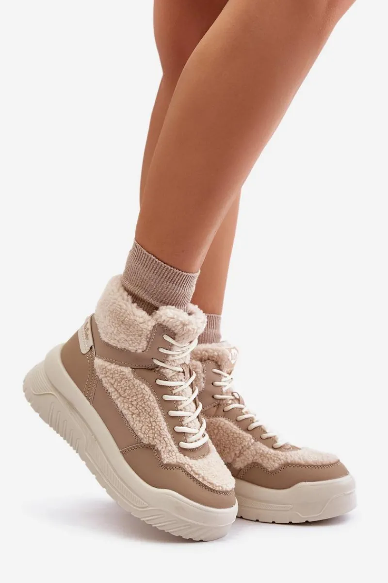 Best Lee Cooper Sneakersy Damskie Na Platformie Z Futerkiem Typu Baranek LCJ-24-47-3146 Beżowe