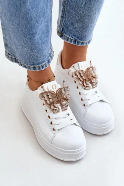 Clearance Boto Sneakersy Damskie Na Platformie Z Motylem Biało-Złote Naritevia Biały