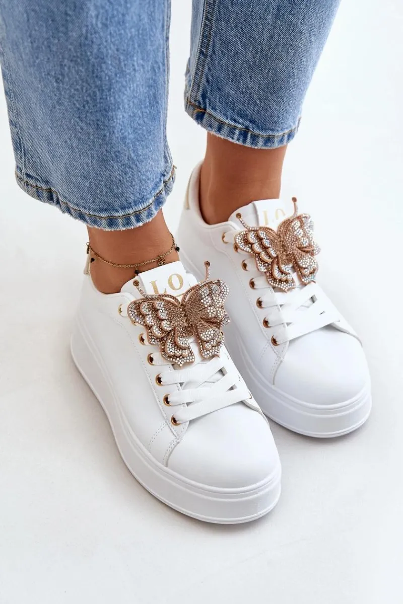 Clearance Boto Sneakersy Damskie Na Platformie Z Motylem Biało-Złote Naritevia Biały