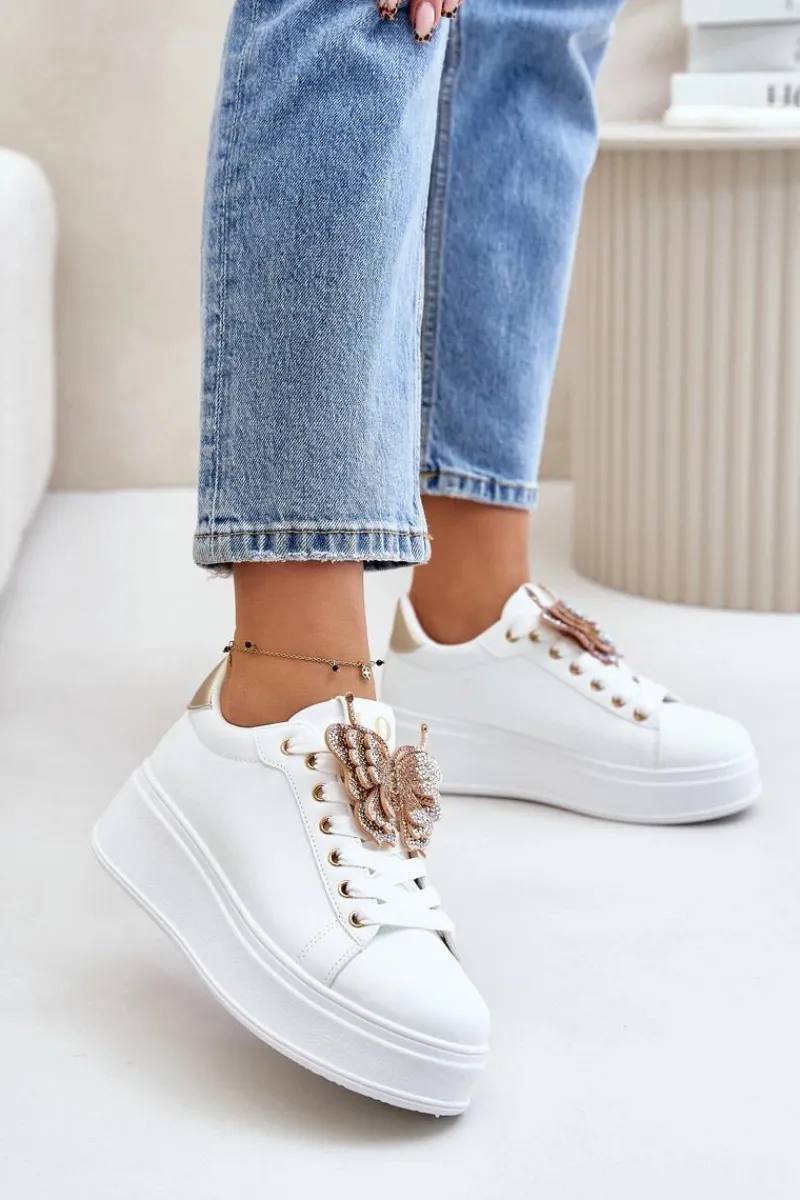 Clearance Boto Sneakersy Damskie Na Platformie Z Motylem Biało-Złote Naritevia Biały