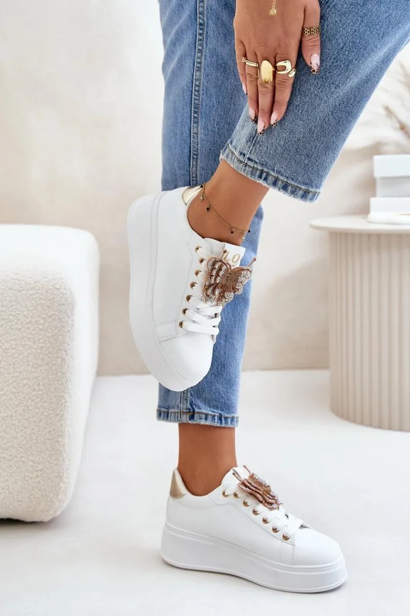 Clearance Boto Sneakersy Damskie Na Platformie Z Motylem Biało-Złote Naritevia Biały