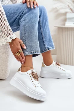 Clearance Boto Sneakersy Damskie Na Platformie Z Motylem Biało-Złote Naritevia Biały