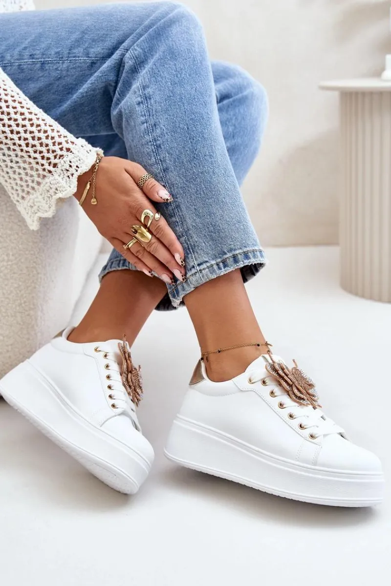 Clearance Boto Sneakersy Damskie Na Platformie Z Motylem Biało-Złote Naritevia Biały