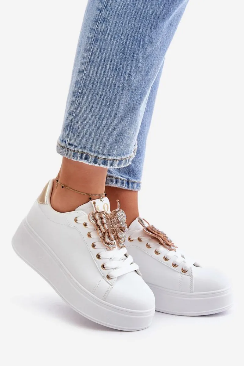 Clearance Boto Sneakersy Damskie Na Platformie Z Motylem Biało-Złote Naritevia Biały
