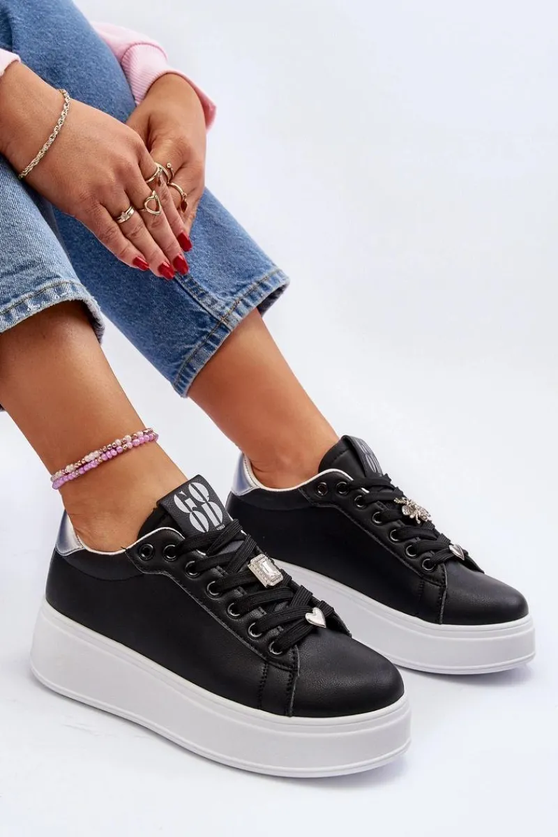 Online Sneakersy Damskie Na Platformie Z Ozdobami Czarne Herbisa Damskie Buty Sportowe Na Platformie|Sneakersy Damskie