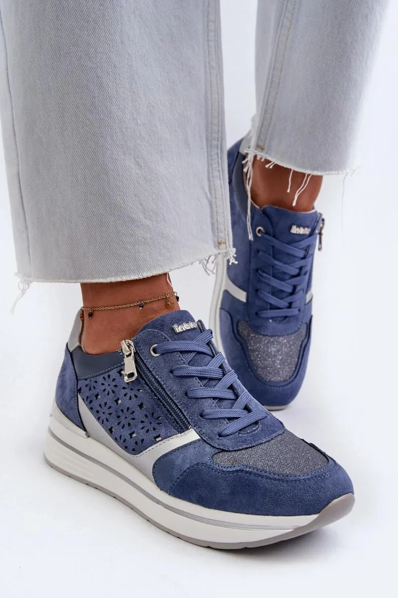 Sneakersy Damskie>INBLU Sneakersy Damskie Na Platformie Z Ażurowym Wzorem I Brokatem IN000372 Niebieskie