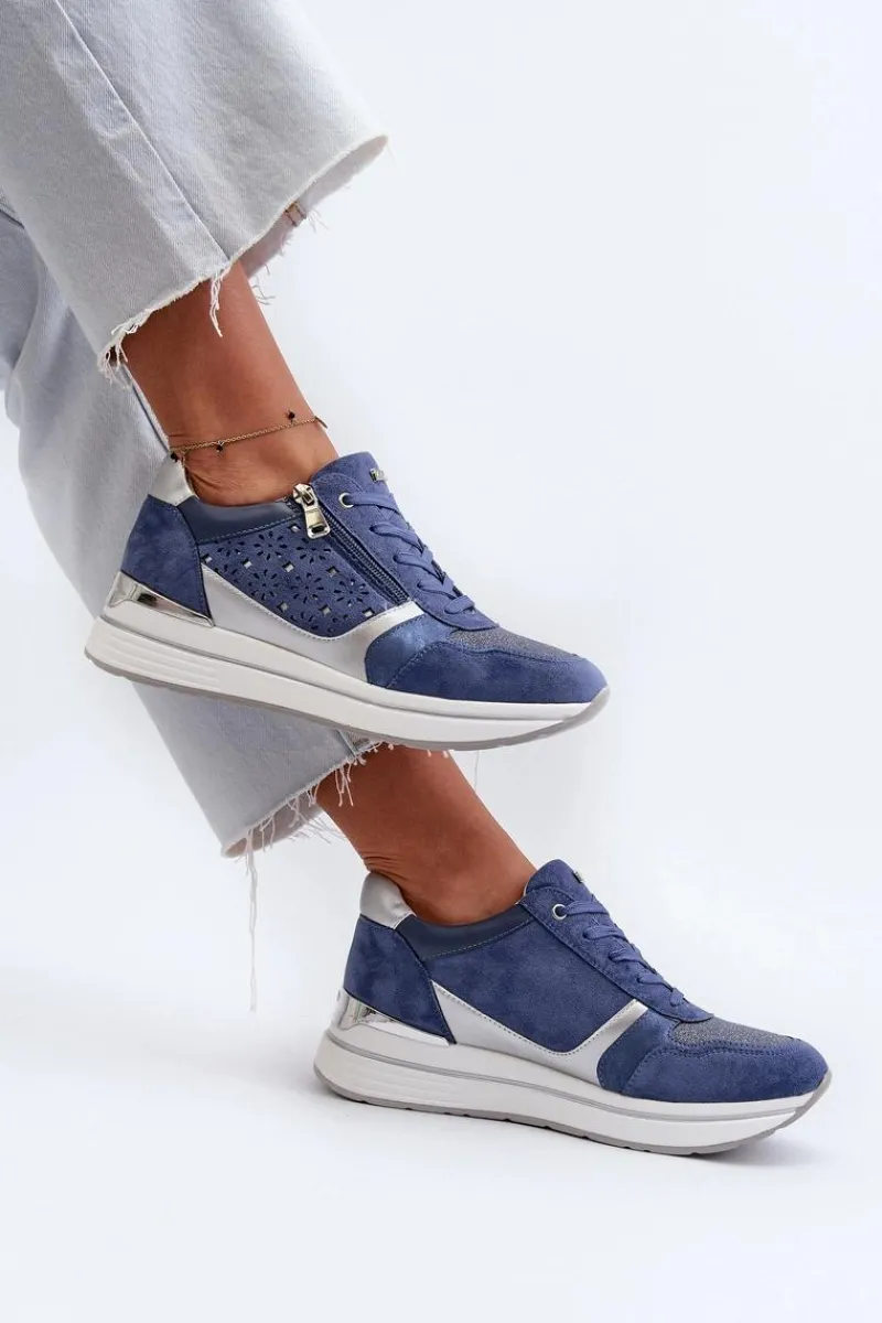 Sneakersy Damskie>INBLU Sneakersy Damskie Na Platformie Z Ażurowym Wzorem I Brokatem IN000372 Niebieskie