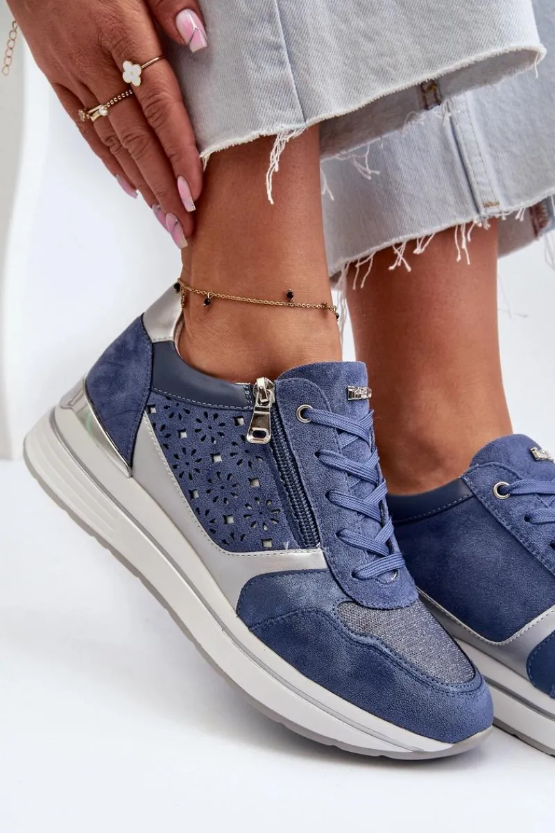 Sneakersy Damskie>INBLU Sneakersy Damskie Na Platformie Z Ażurowym Wzorem I Brokatem IN000372 Niebieskie