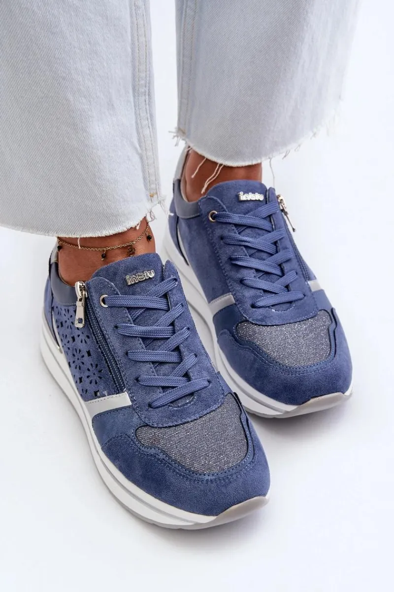 Sneakersy Damskie>INBLU Sneakersy Damskie Na Platformie Z Ażurowym Wzorem I Brokatem IN000372 Niebieskie