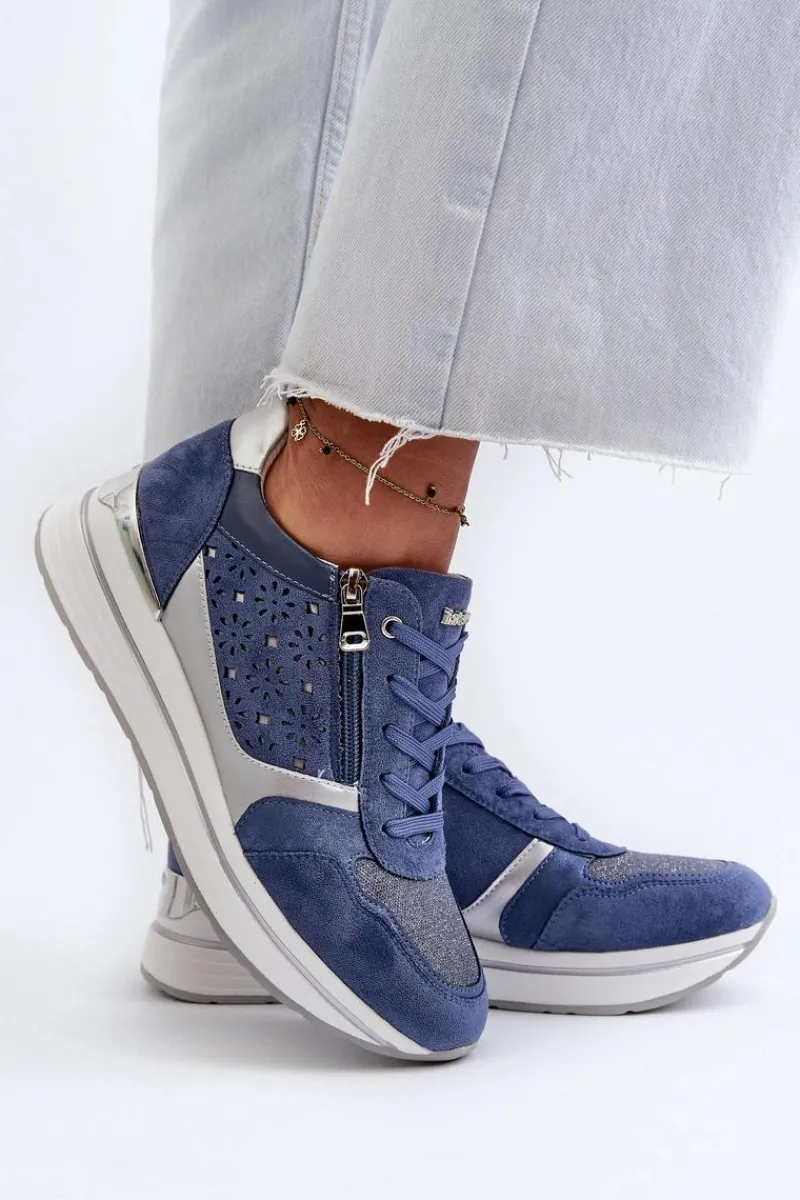 Sneakersy Damskie>INBLU Sneakersy Damskie Na Platformie Z Ażurowym Wzorem I Brokatem IN000372 Niebieskie