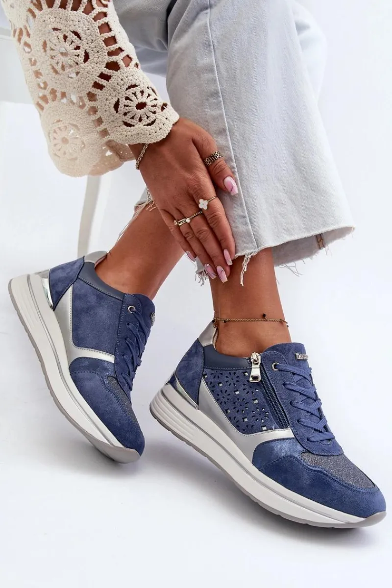 Sneakersy Damskie>INBLU Sneakersy Damskie Na Platformie Z Ażurowym Wzorem I Brokatem IN000372 Niebieskie