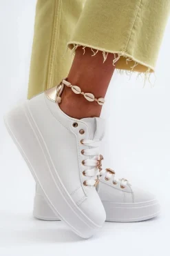 New Boto Sneakersy Damskie Na Platformie Z Przypinkami Eko Skóra Białe Cavisa