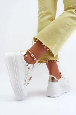 New Boto Sneakersy Damskie Na Platformie Z Przypinkami Eko Skóra Białe Cavisa