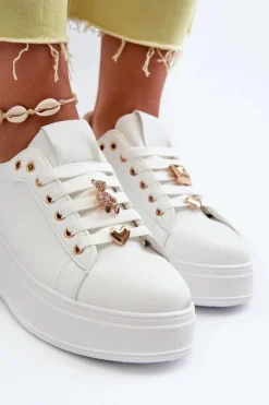 New Boto Sneakersy Damskie Na Platformie Z Przypinkami Eko Skóra Białe Cavisa