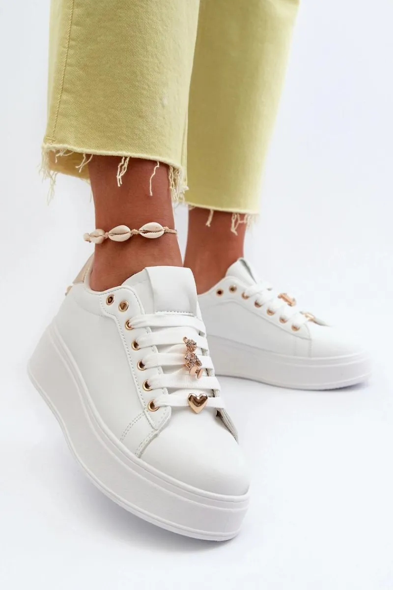 New Boto Sneakersy Damskie Na Platformie Z Przypinkami Eko Skóra Białe Cavisa