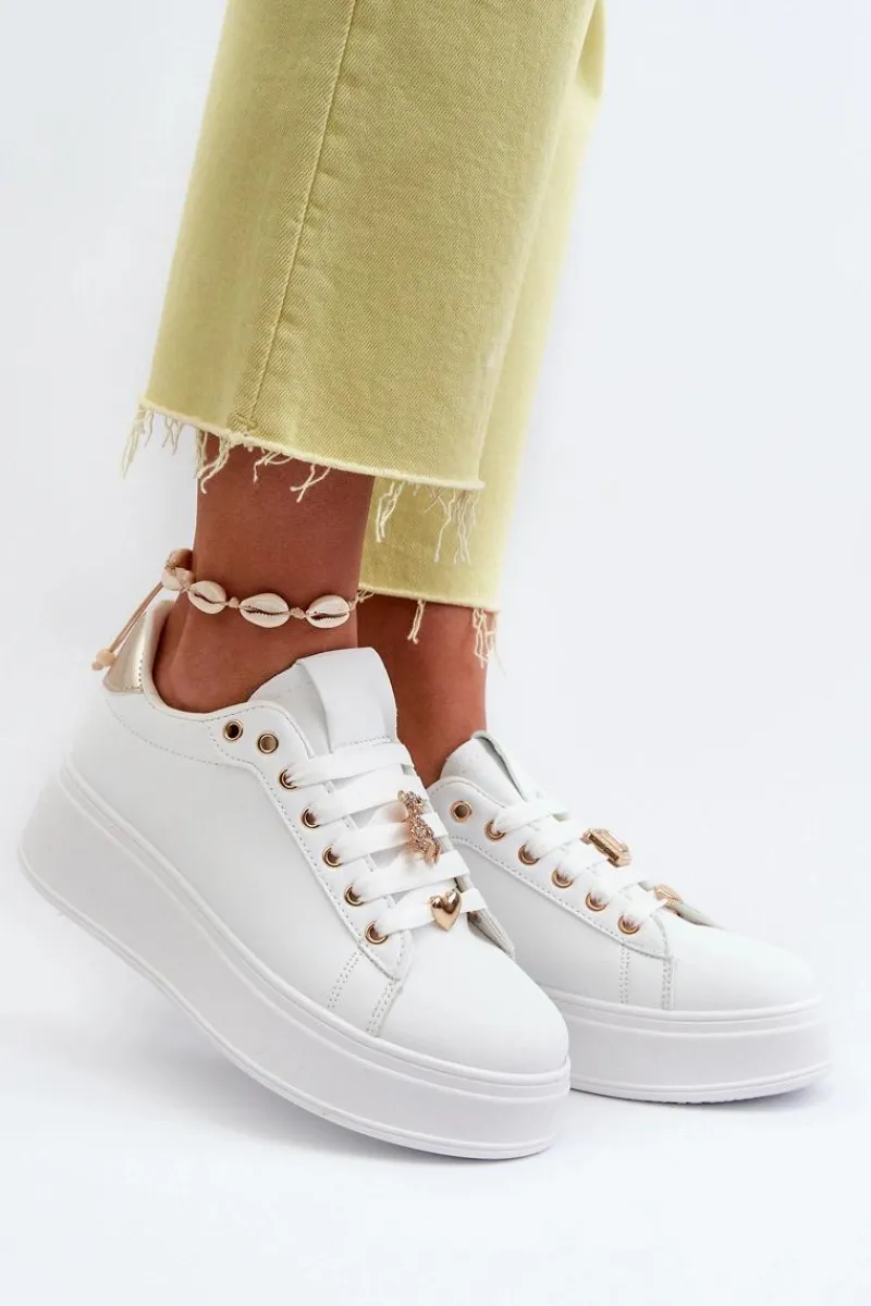 New Boto Sneakersy Damskie Na Platformie Z Przypinkami Eko Skóra Białe Cavisa
