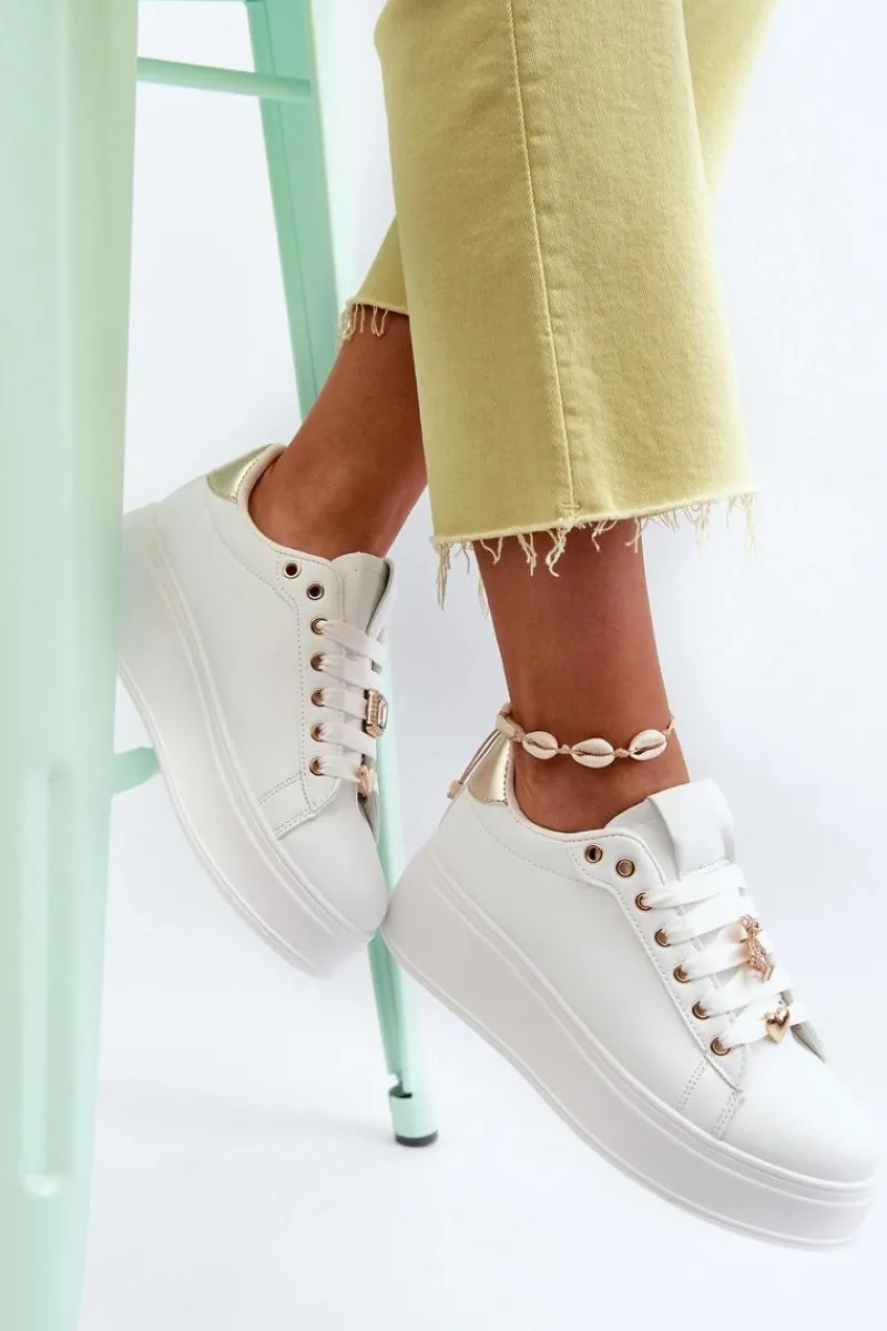 New Boto Sneakersy Damskie Na Platformie Z Przypinkami Eko Skóra Białe Cavisa