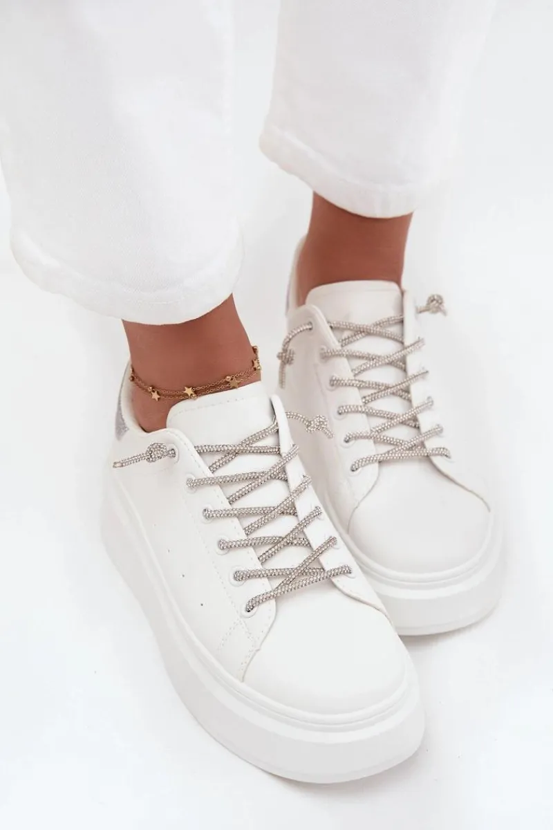 Discount Sneakersy Damskie Na Platformie Z Ozdobnym Sznurowaniem I Brokatem Białe Belmira Damskie Buty Sportowe Na Platformie|Sneakersy Damskie