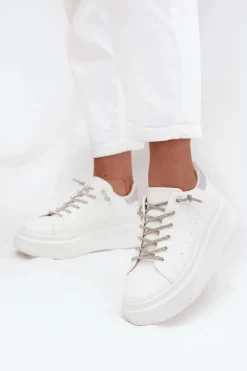 Discount Sneakersy Damskie Na Platformie Z Ozdobnym Sznurowaniem I Brokatem Białe Belmira Damskie Buty Sportowe Na Platformie|Sneakersy Damskie